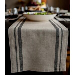Solino Home 100% Linen Table Runner Grain Sack Stripe Oatmeal Black 14x92